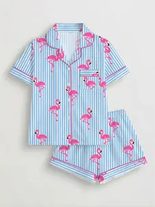 Women's Striped Flamingo Print Pyjama Set, Short Sleeve Button-Up Top & Elastic Shorts, Casual Home Wear, All Seasons