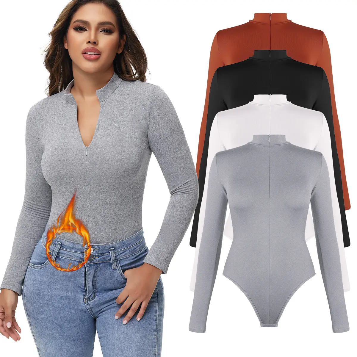 Fitted Mock Neck Bodysuit for Women, Ribbed Long Sleeve Elastane Top for Business Casual and Work, Ribbed Texture, Hug Fit, Longsleeves, Basic, Chain, Party-Ready Sleek Bodysuit, All Seasons, 83% Poly Stretch, Pairs With Skirts And Jeans, High Stretch, Mo