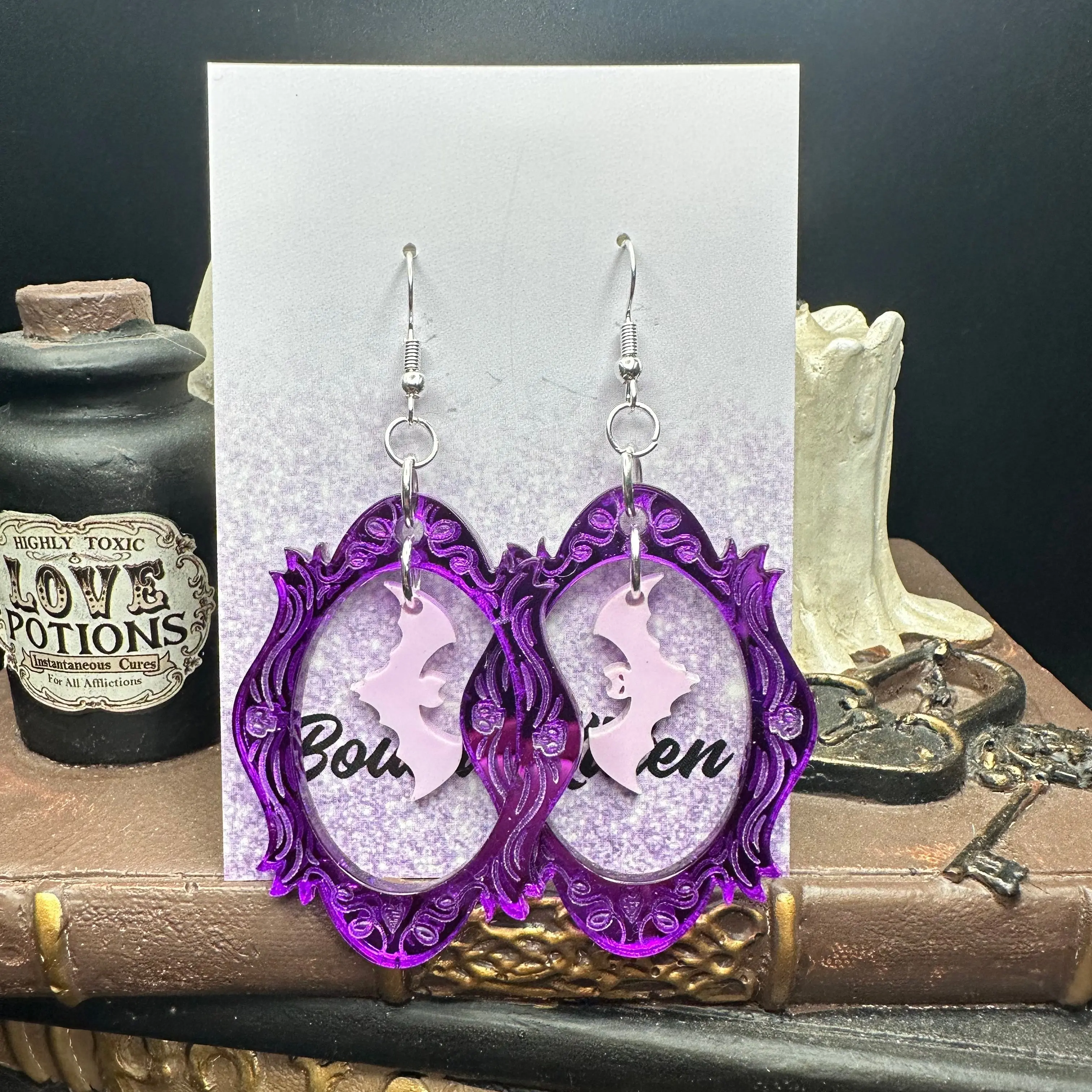 Halloween Photo Frame Mirrored Purple Acrylic & Lavender Bats Earrings