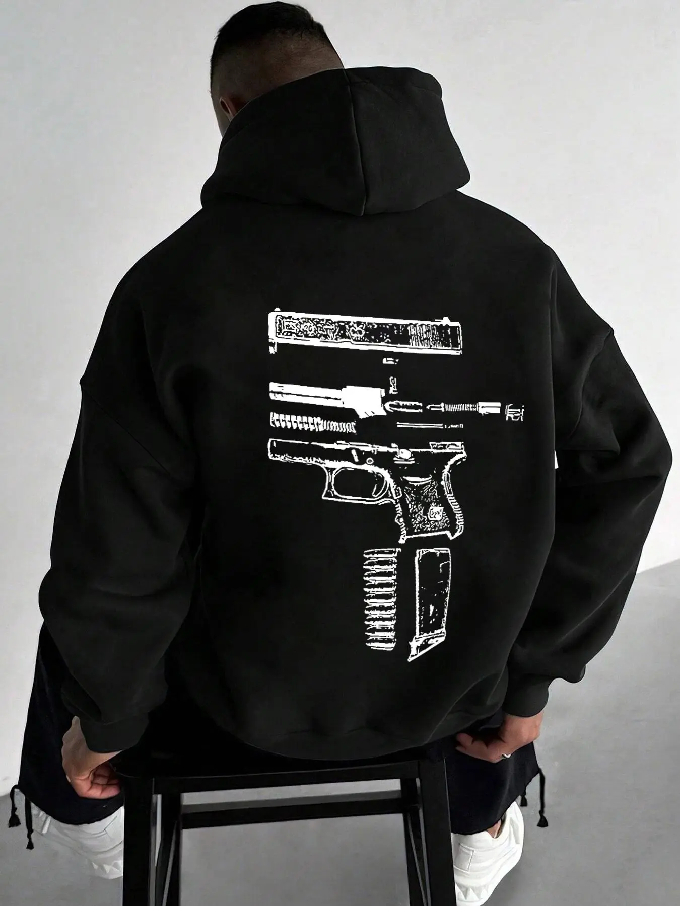 Men's Letter & Gun Print Drop Shoulder Hoodie, Fashion Casual Drawstring Kangaroo Pocket Hooded Sweatshirt for Daily Holiday Outdoor Wear, Men Clothes for Spring & Fall