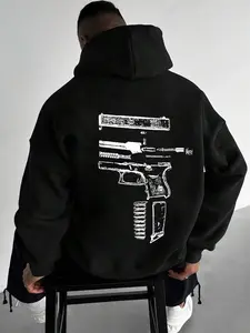 Men's Letter & Gun Print Drop Shoulder Hoodie, Fashion Casual Drawstring Kangaroo Pocket Hooded Sweatshirt for Daily Holiday Outdoor Wear, Men Clothes for Spring & Fall