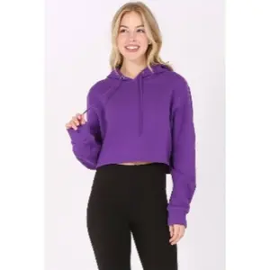 Solid Cropped Fleece Pullover Hoodie Sweatshirt Womenswear Style Tops Comfort Casual Basic Long Sleeve Fitted