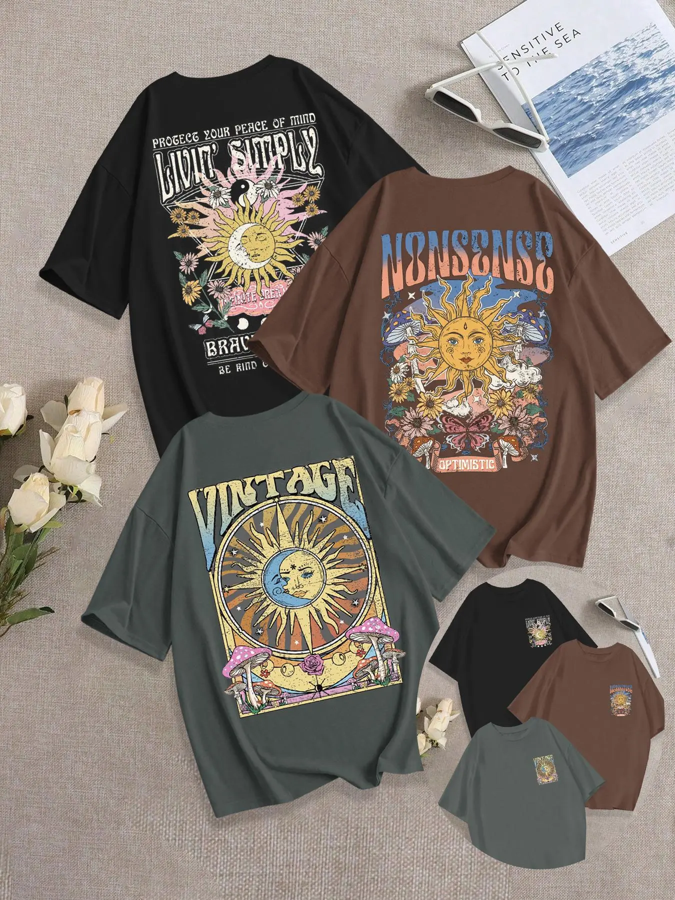 Breathable Lightweight Everyday Casual Summer Streetwear T-Shirt for Women, Oversized, Oversize Loose-Fitting Baggy Round Neck Design, Vintage Sun & Moon Print, Fashionable Comfortable Tops Pack of Three Piece, Casual Chic Streetwear