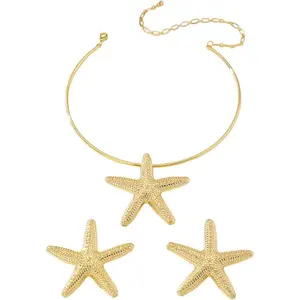 Starfish Big Chunky Stud Earrings Sea Star Choker Pendant Necklace Gold Plated Set for Women Beach Statement Dangling Hypoallergenic Fashion Trendy Summer Jewelry