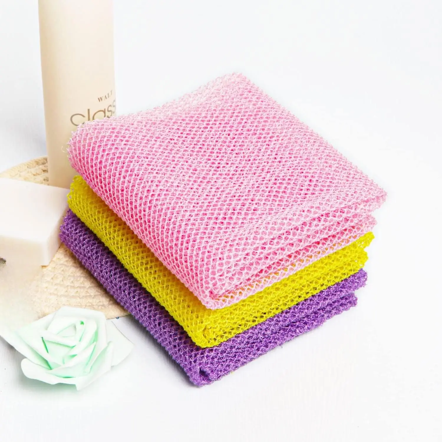 3 Pieces African Net Bath Sponge African Exfoliating African Scrubbing Long Net Rag African Wash Net Shower Body Scrubber, Yellow Pink Purple