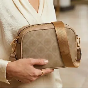 620 Khaki Vegan Leather Monogram Crossbody Bag – Rounded Camera Bag with Wide Strap