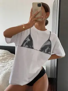 Women's Bikini Print Round Neck Tee, Casual Loose Tee, Casual Short Sleeve Crew Neck T-shirt for Holiday Vacation, Ladies Summer Clothes, Womenswear