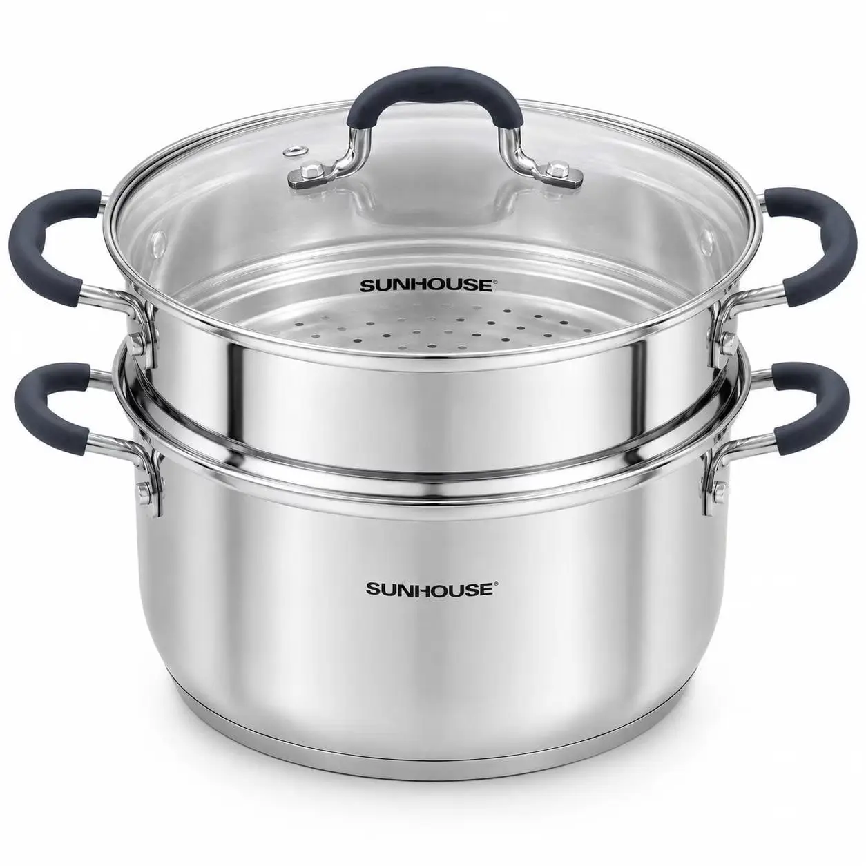 SUNHOUSE 2-Tier Stainless Steel Steamer Pot Set, 3.1 Qt, Tempered Glass Lid, 3-Ply Bottom, Vegetable & Dumpling Cookware, Dishwasher & Oven Safe Handles, Induction Compatible