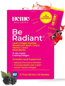 Be Radiant Collagen Peptides for Men & Women Vitamin C, Biotin, CoQ10 - Boosts hair, skin, nails, bones & joints! 15 sachets, Mixed Berry flavor