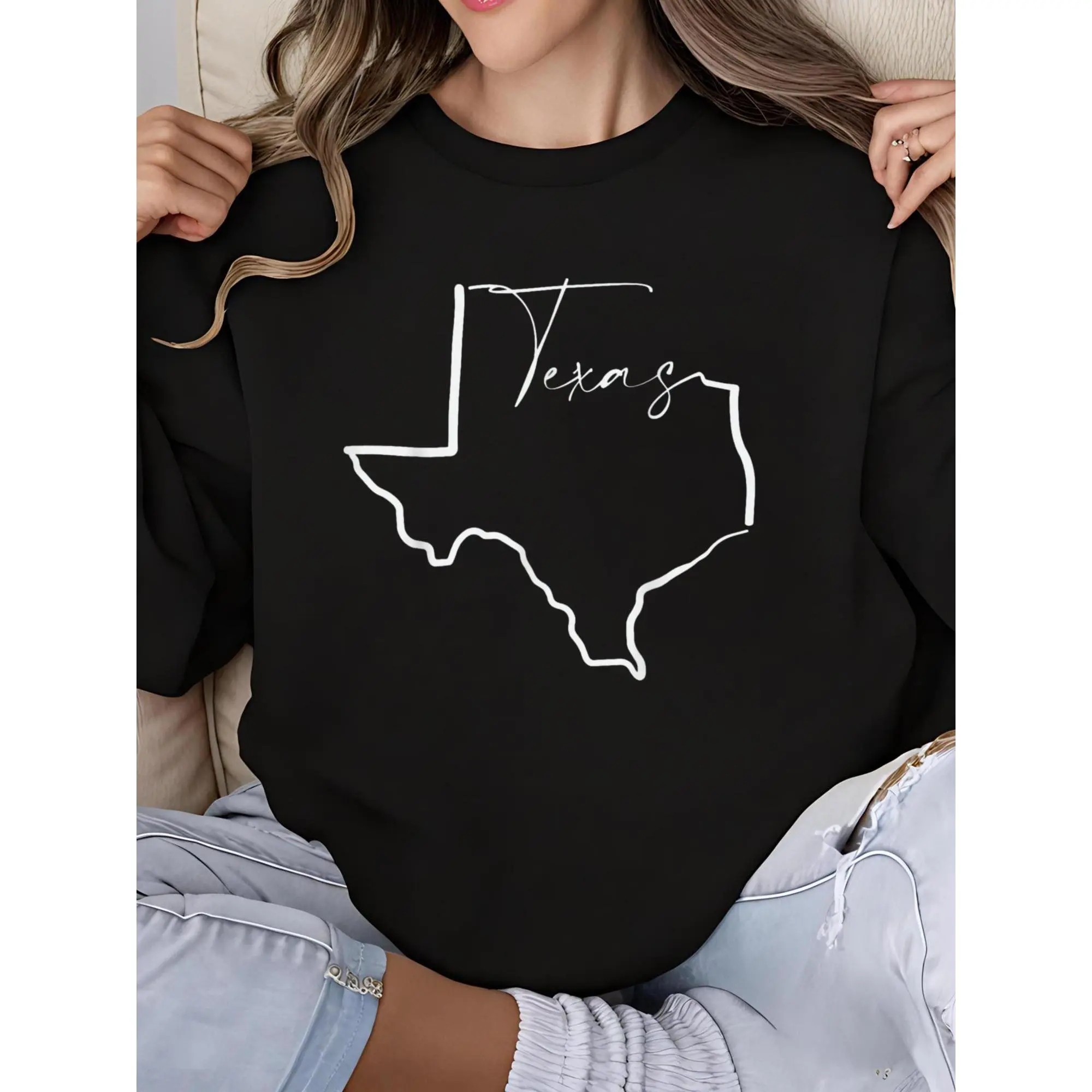 Texas Graphic Print Sweatshirt for Women - Long Sleeve Crew Neck Soft Cotton Blend Casual with Unique TX Design Perfect for Gifts & Holidays