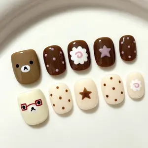 Sweet Girl Exclusive Luxury Press Ons! Milk Coffee Color Block & Exquisite Hand-Painted Rilakkuma & Polka Dots, Ultimate Cuteness, Photo Ready