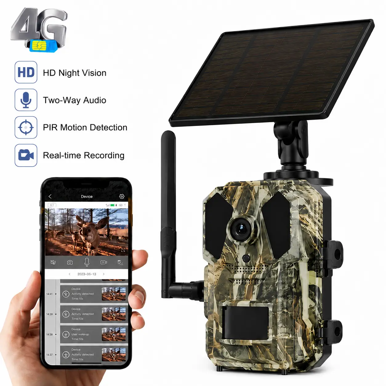 1PC Outdoor 4G LTE Hunting Trail Camera – Supports 2K Live Preview, App Remote Viewing & Playback, Trigger Function with 0.2s Response Time, High-Definition Night Vision, IPX5 Waterproof, Solar Panel Included, and Long Battery Life.