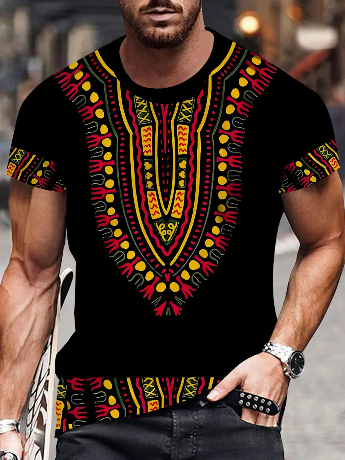 Men's Summer African Ethnic Colorful Totem Print Short Sleeve T-Shirt, Casual Fitted Top, Comfortable Daily Wear, Ideal Gift Choice