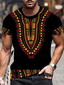 Men's Summer African Ethnic Colorful Totem Print Short Sleeve T-Shirt, Casual Fitted Top, Comfortable Daily Wear, Ideal Gift Choice, Menswear Streetwear