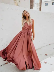 Women's Bohemian Pure Color V-Neck Sleeveless High Slit Maxi Dress, Womenswear, Long Flowy Patchwork Skirt, Summer, Boho, Satin Prom Dress, Wedding Guest Dress, Beach Party Outfit, Flowy Photography Dress, Wrap Dress, Silk Like Dress
