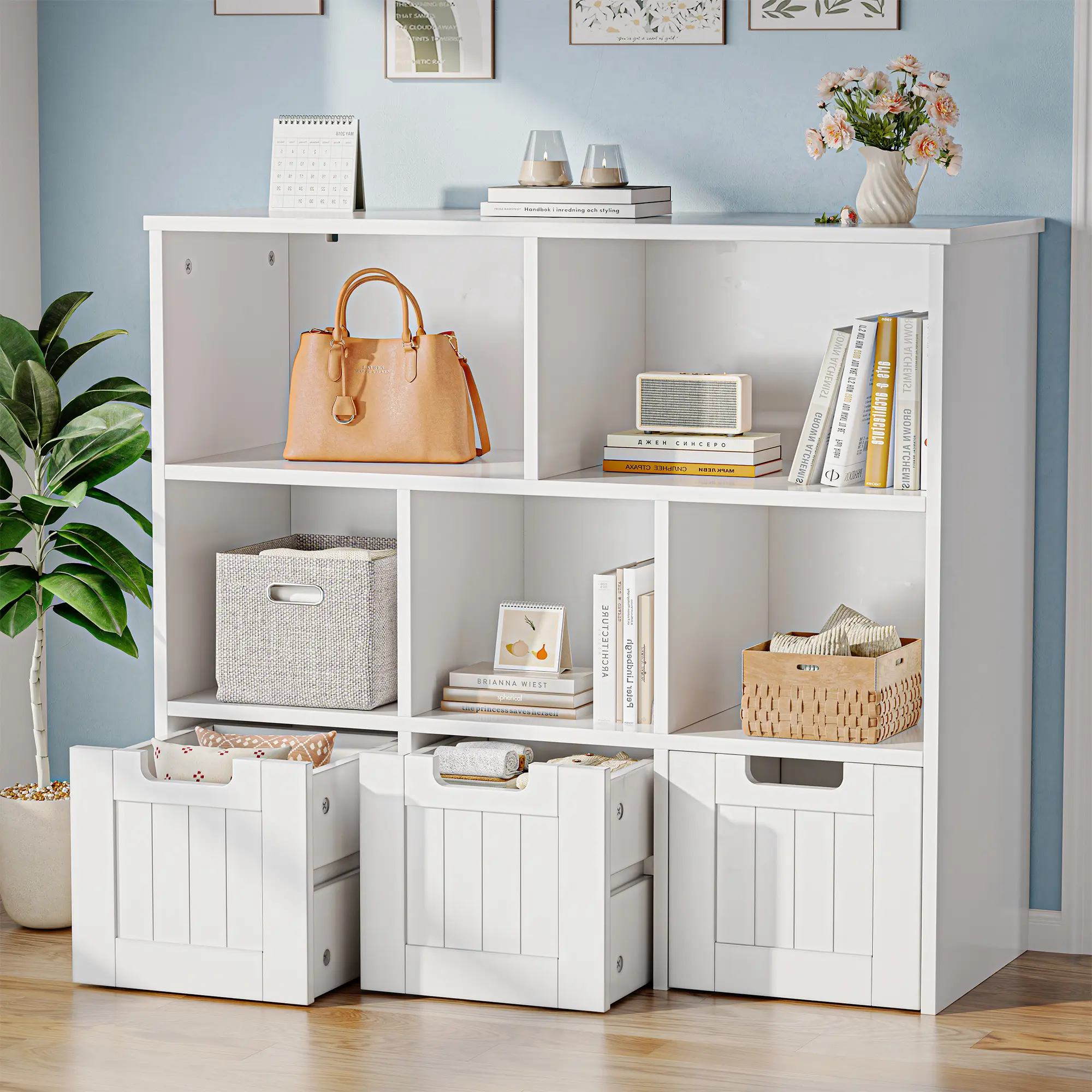 Sweetcrispy Wooden Multifunctional Cube Bookshelf - 3 Movable Bedroom Drawers, 5 Open Cubbies, Home Office Storage Unit, Shelves Accessory, Wooden Bookshelf