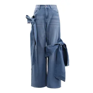 European and American street style personalized washed denim jeans for women, new autumn collection, with patchwork bow tie design, straight-leg long pants