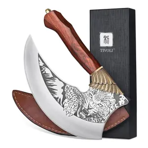 【February Faves】TIVOLI Ulu Knife 9-inch Pizza Cutter Axe, Viking Butcher Cleaver Knife, German 1.4116 Super Steel Rose Wooden Handle with Sheath & Box, Mincing Meat Vegetable Rocking Knives Birthday Gift Men Women