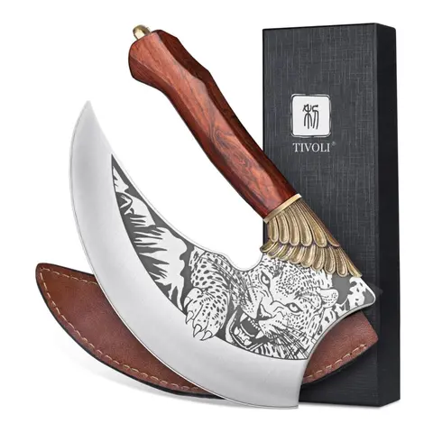 TIVOLI Ulu 9-in Blade Stainless Steel Cutting Knife - German 1.4116 Steel Meat Cleaver, Rose Wood Handle, Sheath, Gift Box, Pizza Cutter, Utensils, Ideal Christmas Gift for Adults