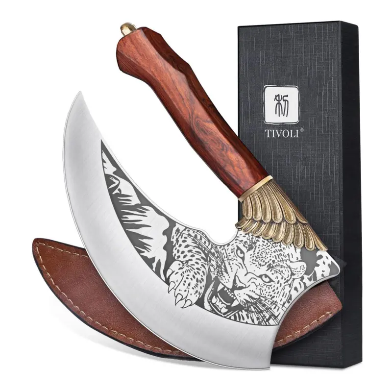TIVOLI Ulu 9-in Blade Stainless Steel Cutting Knife - German 1.4116 Steel Meat Cleaver, Rose Wood Handle, Sheath, Gift Box, Pizza Cutter, Utensils, Ideal Christmas Gift for Adults