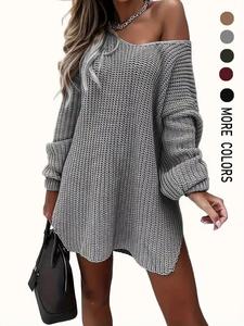 【plus size】 women's solid color sweater dress, casual loose knit dress for fall & winter, women's plus clothing for daily wear