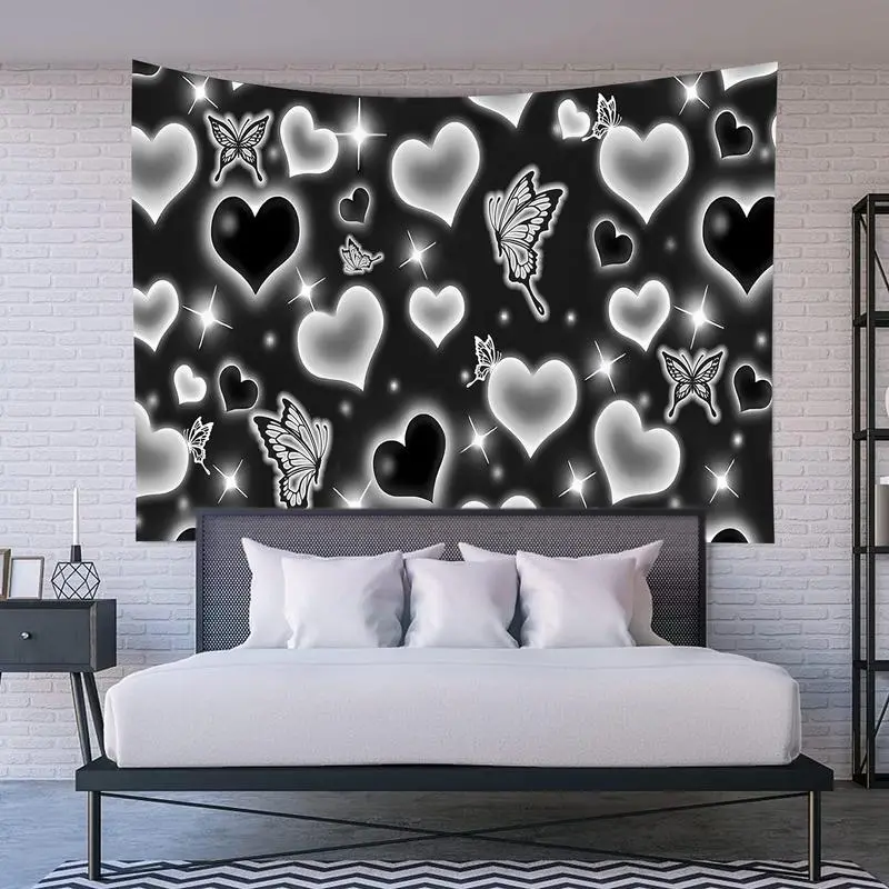 Custom Boho Tapestry Wall Mural - Black and White Heart, Fantasy White Butterfly, Starry Sky Patterns, 2000s Millennial Style Glitter Hippie Art Print, Indoor Bedroom Dorm Wall & Room Decor