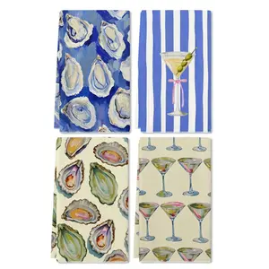 2Pcs 16x24 Inch Coastal Oyster Shell & Martini Kitchen Towels, Watercolor Seafood Cocktail Dish Tea Towels, Beach Lover Gifts for Kitchen Bar Seaside Restaurant