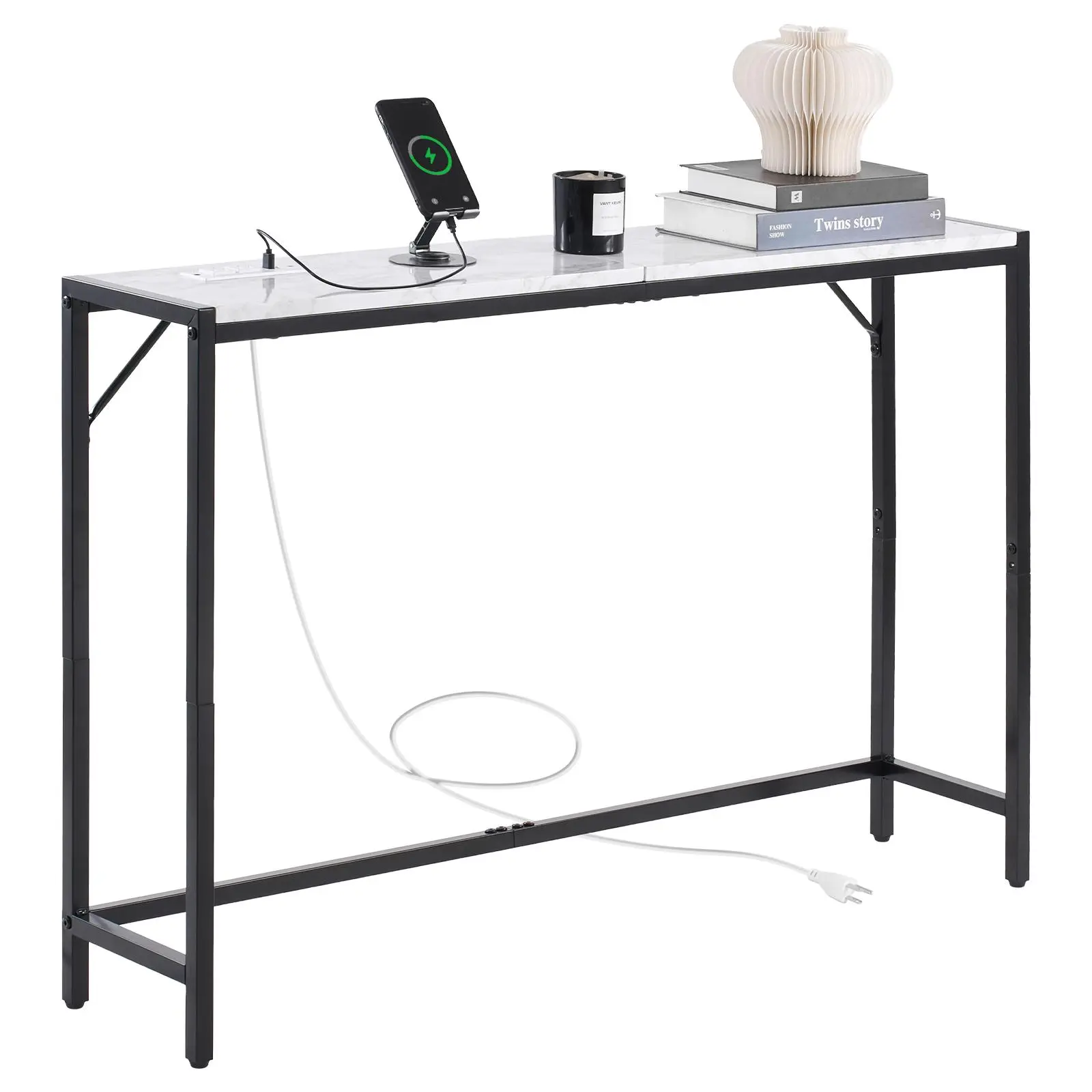 【SummerFinds】VEVOR Marble Console Table, Modern Narrow Long Console Table with Power Outlet, Thin Sofa Side Table with Iron Tubes, Anti-Tip Device and Triangular Support for Living Room, Hallway, Entryway, Foyer