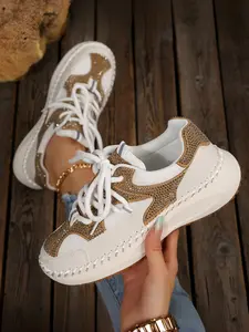 Studded Mesh Patchwork Chunky Sole Dad Shoes Lace-Up Round Toe Platform Casual Sport Sneakers All-Season Versatile Commute Wear