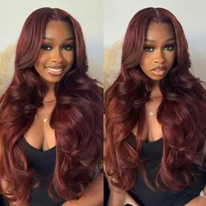 Hot Star 34 Inch 13x6 Reddish Brown HD Transparent Lace Front Wigs Human Hair Pre Plucked Body Wave for Women 180% Density