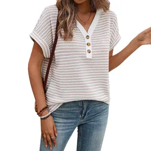 Mntaor Women's Summer Khaki Stripe Buttoned Front Elegant Short Sleeve V Neck Knitted T Shirt Casual Style