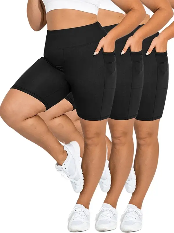 3 Pack Plus Size Womens Biker Shorts – 8" Black High Waisted Tummy Control for Gym Workout Athletic Cheerleading Yoga Biker Shorts