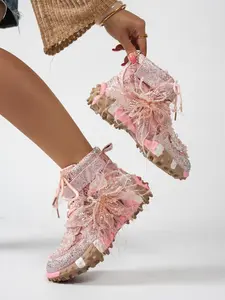 Women's High Top Casual Walking Shoes, Rhinestone Floral Design, Thick Sole Comfortable, Round Toe, Medium Width, All Seasons