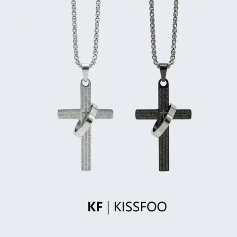 KISSFOO Cross Design Necklace in Stainless Steel with Scripture Ring, Custom Script Pendant for Men & Women, Personalized Faith Gift, Custom Script Necklace, Faith Necklace, Personalized Gift