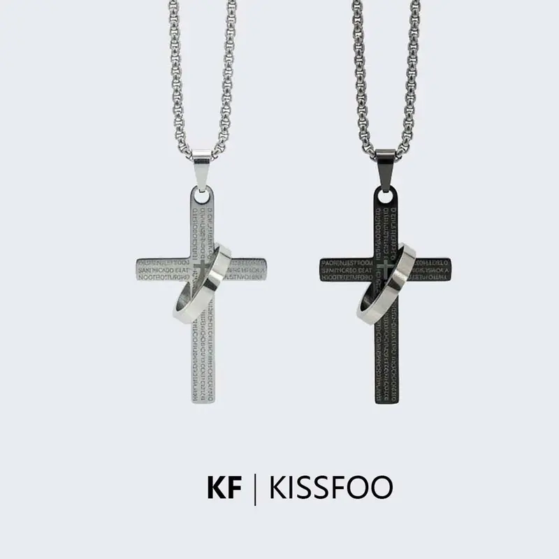 KISSFOO Cross Design Necklace in Stainless Steel with Scripture Ring, Custom Script Pendant for Men & Women, Personalized Faith Gift, Custom Script Necklace, Faith Necklace, Personalized Gift