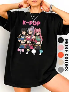 K-Pop Anime Girl Group Print Cotton T-Shirt, Fashionable Loose Streetwear, Casual Fitted Tee for All Seasons, Must-Have Item