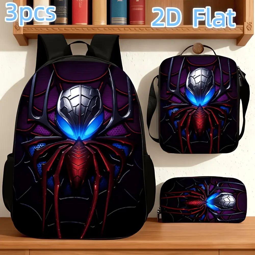 3Pcss Unisex Large Capacity Backpack Set, Cool Red And Blue Big Spider 2D Print Pattern, Adjustable Shoulder Straps, Zipper Closure, 3Pcss Set Includes Backpack, Body Bag, And Pencil Case, Essential Backpack for Back to School, School, Camping