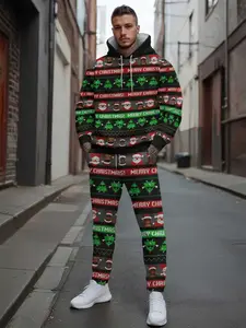 Trendy Christmas Print Hoodie Set, Tracksuit Set, Long Sleeve Fitted Casual Sportswear, Running & Outdoor Wear, Fall & Winter Fashion