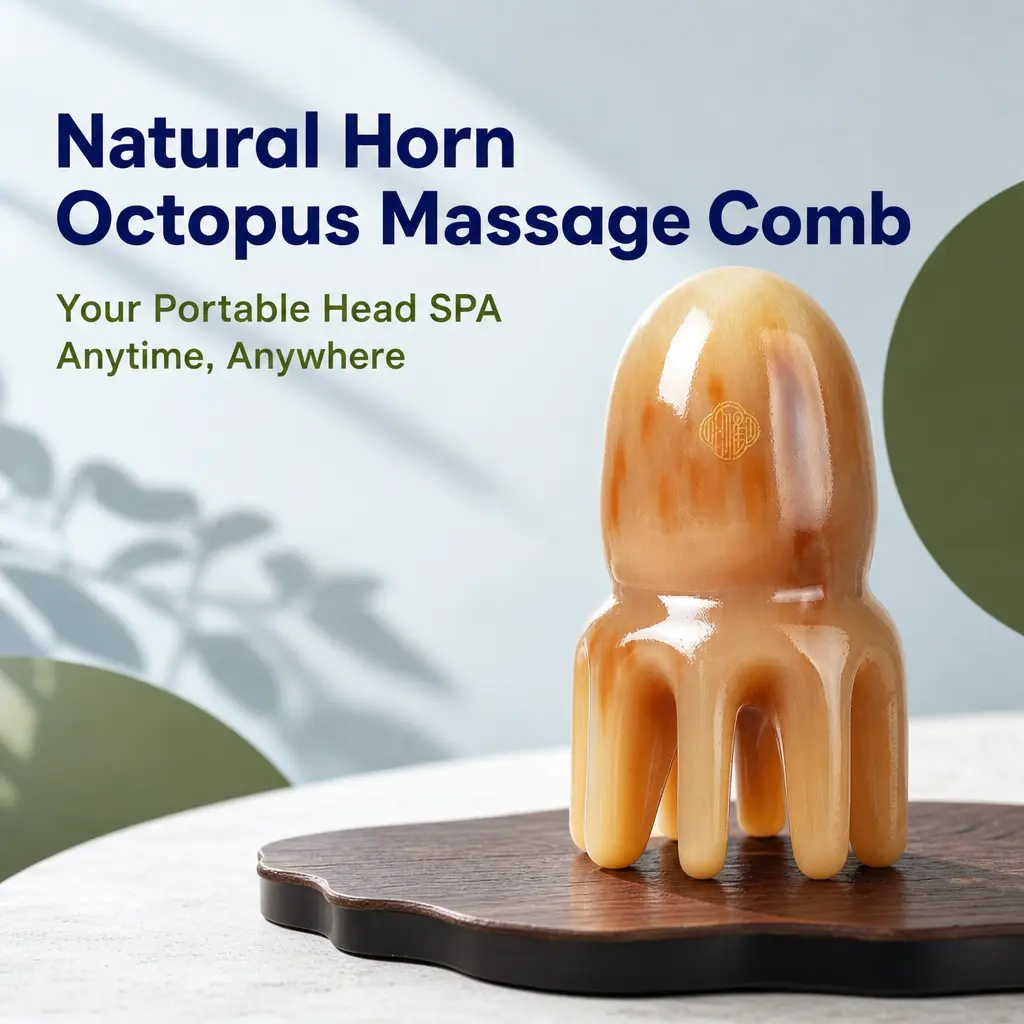 Natural Horn Octopus Massage Comb, 100% Organic Keratin Scalp Massager & Portable Head Spa Gua Sha Tool. Meridian Therapy for Hair Growth & Stress Relief. Premium Self-Care Gift for Women.