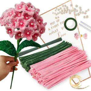 Dark Pink Pipe Cleaner Kit with 150 count Pipe Cleaners Colourful in 2 ColoursDark Pink,Green,8 Pcs Green Floral Wire,40 ,40 Stamen,Floral Tape,Flower Wrapping Paper and Ribbon