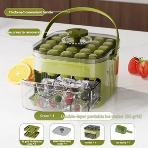 50 Cube Ice Maker with Easy Print Lid, Dual Layer Food Grade Plastic Tray, Freezer Safe, Ideal for Beverages, Essential Kitchen Accessory