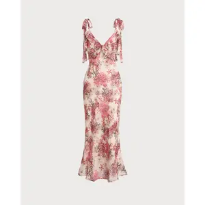 rihoas Women's Sleeveless Waisted Casual Wear Pink Floral Ruffle Tie-Strap Midi Slip Polyester Dress, Beach-Ready Womens Dresses,summervibes