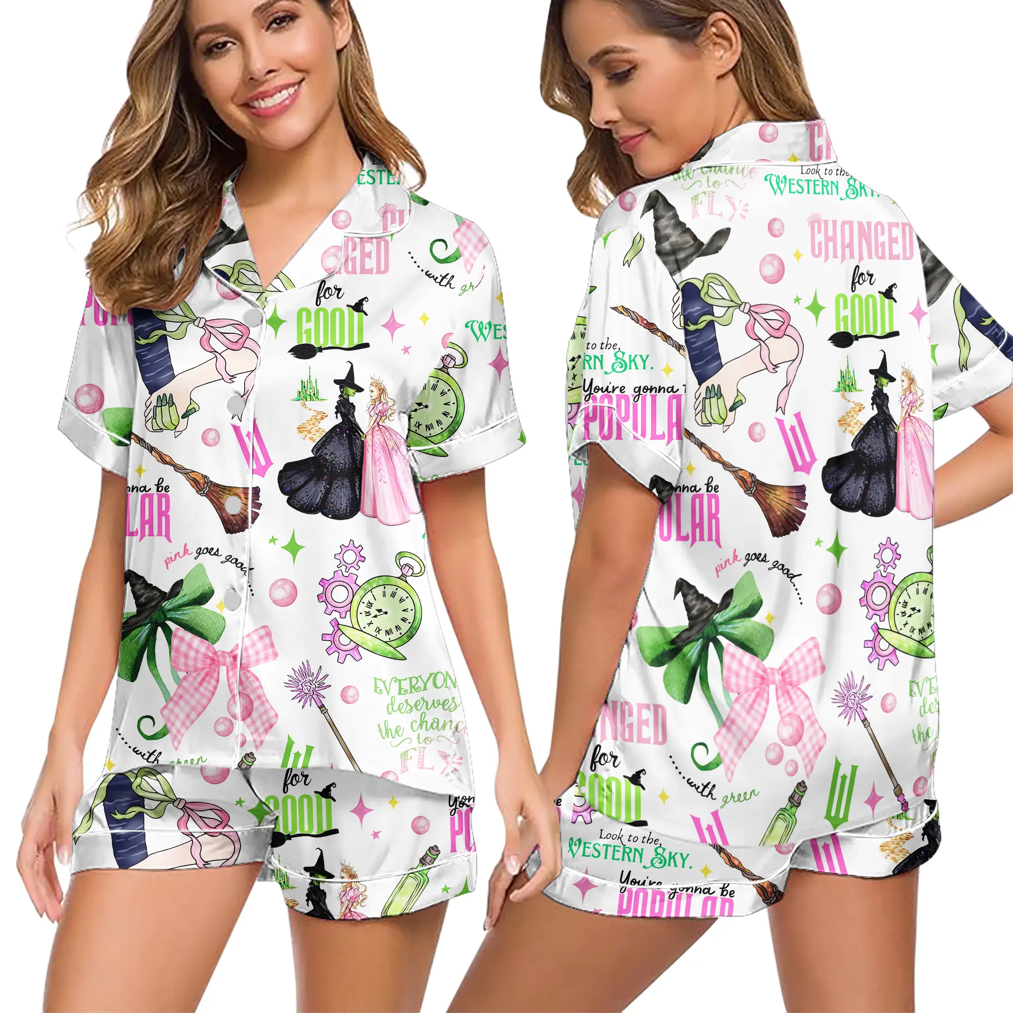 Women’s Wicked Themed Pajamas Set – Cute “Changed for Good” Cartoon Print Short Sleeve Button-Up & Shorts Sleepwear, Soft Silky Satin Lounge Set for Women
