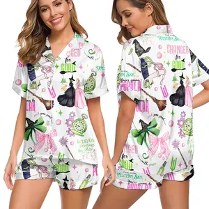 Women’s Wicked Themed Pajamas Set – Cute “Changed for Good” Cartoon Print Short Sleeve Button-Up & Shorts Sleepwear, Soft Silky Satin Lounge Set for Women