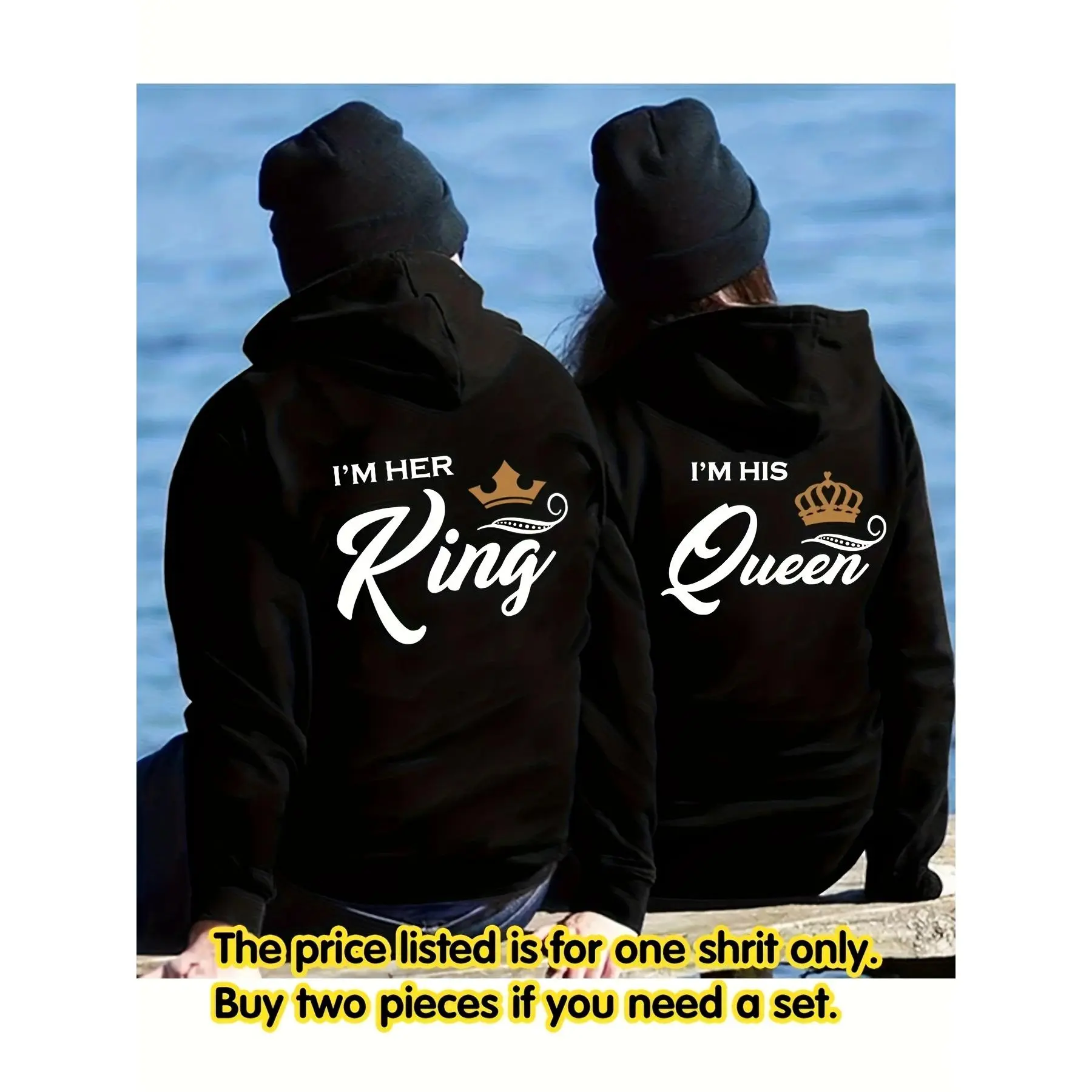 Couple's Matching Hooded Sweatshirt Set - King & Queen Print His & Hers Text Names, Warm Cotton Longsleeves Fitted Winter Clothes, Long Sleeve Pullover Style Sport Outdoor Outerwear, Machine Washable Unisex Casual Outfits