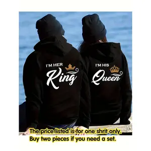 Couple's Matching Hooded Sweatshirt Set - King & Queen Print His & Hers Text Names, Warm Cotton Longsleeves Fitted Winter Clothes, Long Sleeve Pullover Style Sport Outdoor Outerwear, Machine Washable Unisex Casual Outfits