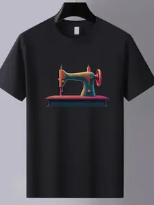 Vintage Sewing Machine Print T-Shirt, Soft Breathable 220g, Casual Long Sleeve Top, Comfortable Outdoor Travel Shirt, All-Season Wear