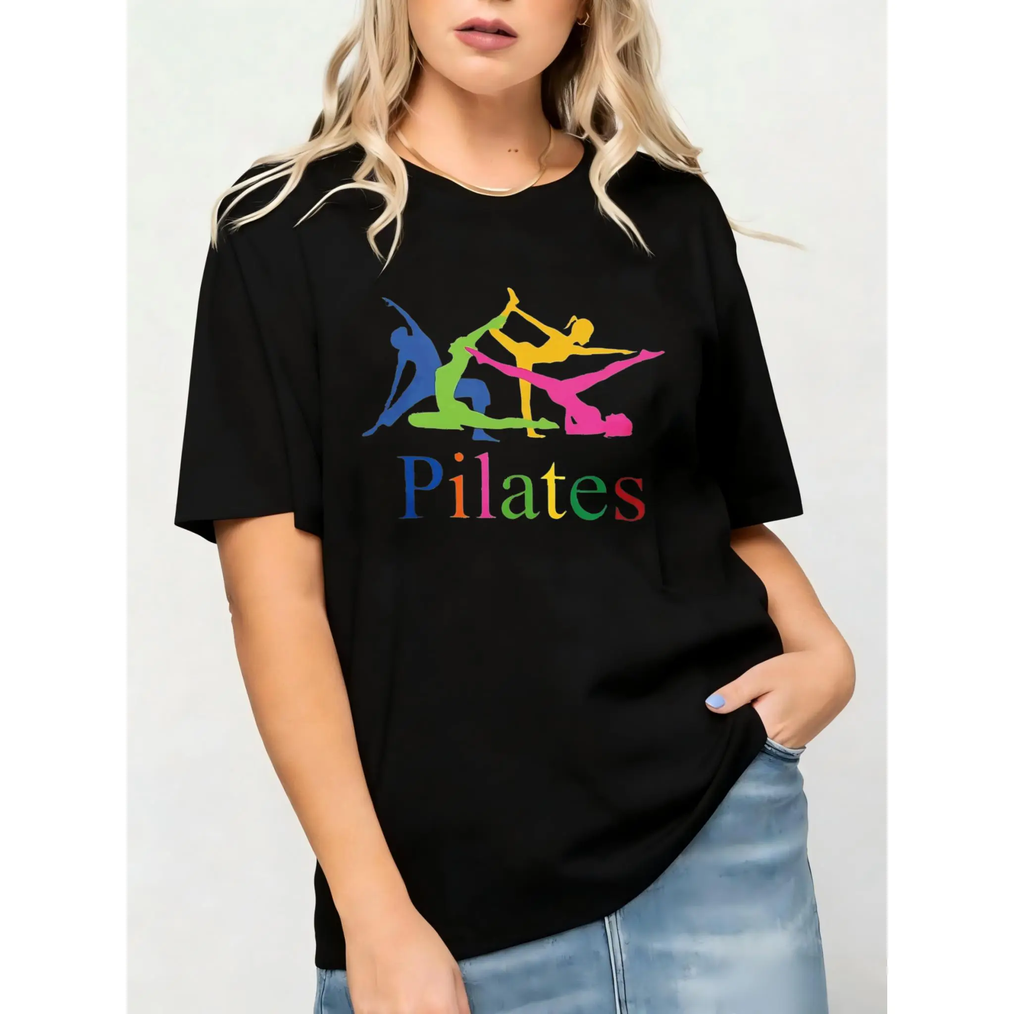 Women's Fitted Crew Neck Shortsleeve Cotton Tshirt - Black Casual Basics Clothes, Sports-Inspired Top with Colorful Pilates Poses & Text for Workout