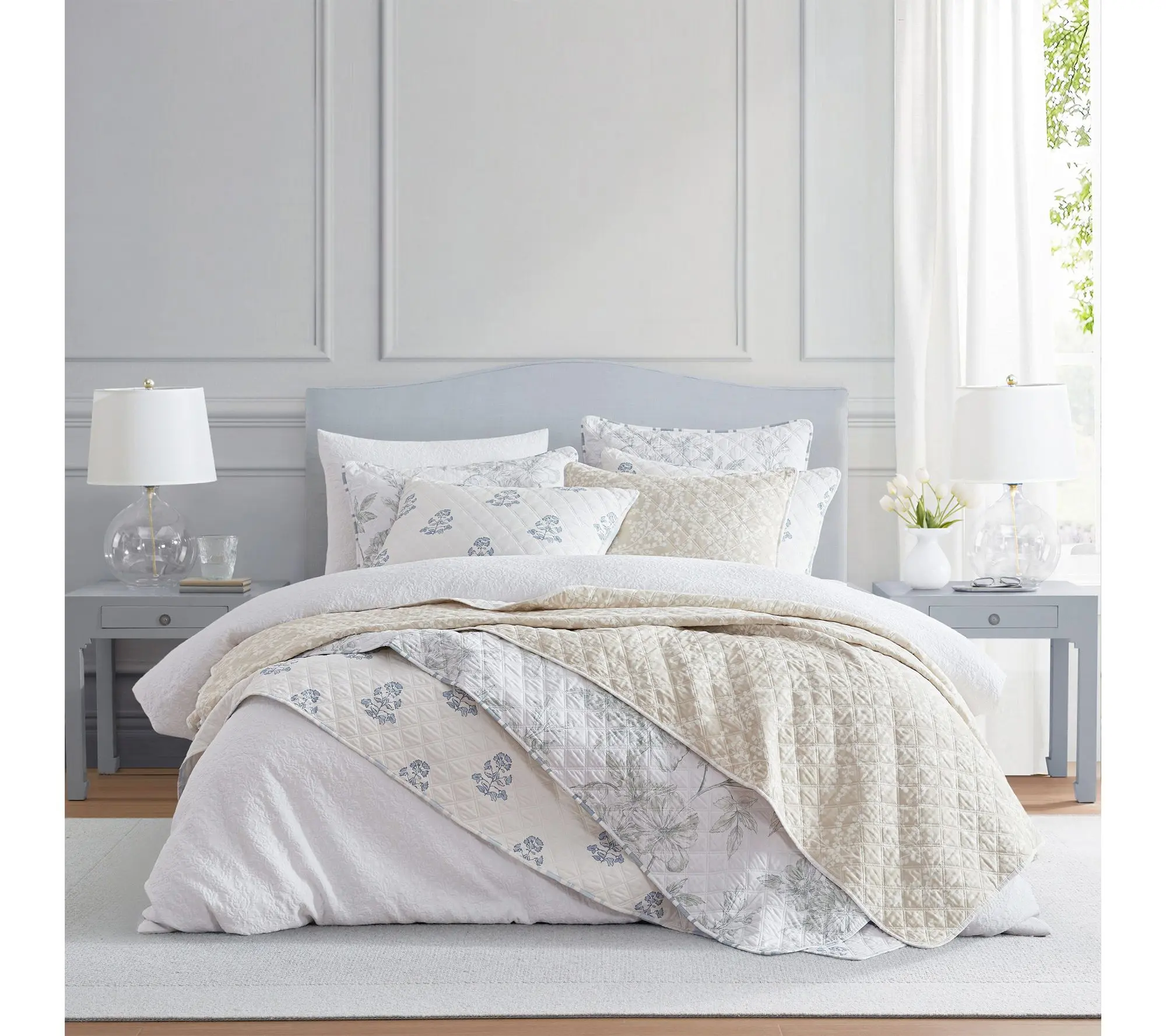 Martha Stewart Branches Beige/White Cotton Twin Quilt Set