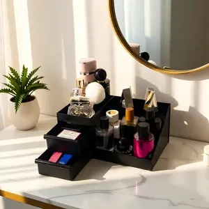 Black Men's Cologne Storage Organizer - 3-Layer Waterproof Vanity Box with Drawers for Bathroom Countertop | Ideal Gift for Men